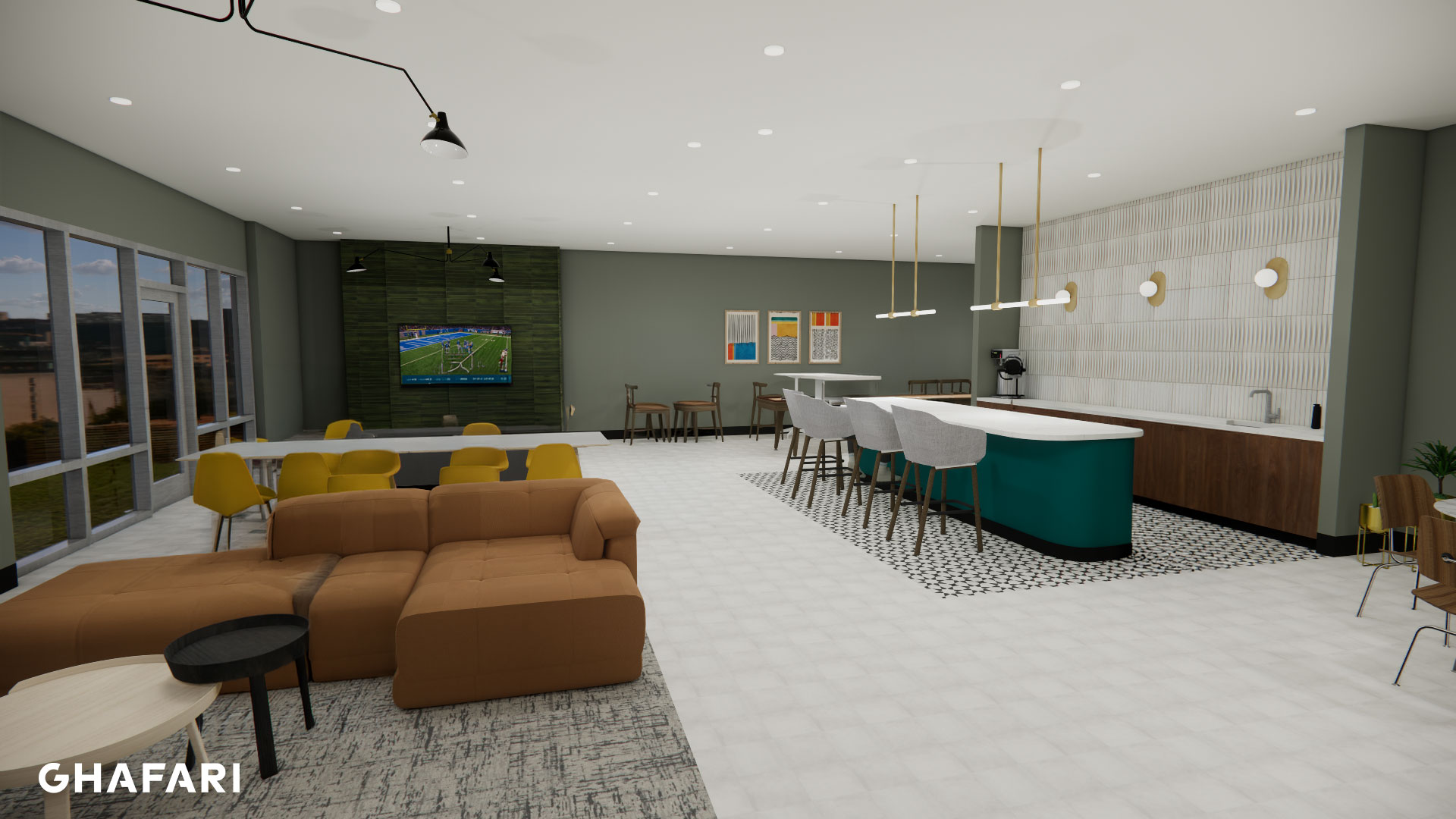 b44_r_002 interior rendering of an apartment clubhouse with two pool tables and many windows